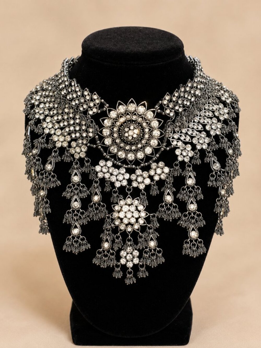 Dramatic Gunmetal Clear Rhinestone Bib Statement Necklace